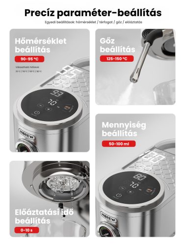 HiBREW H13 58mm, kijelzős, karos kávéfőző, dupla fűtőegységgel (ezüst)