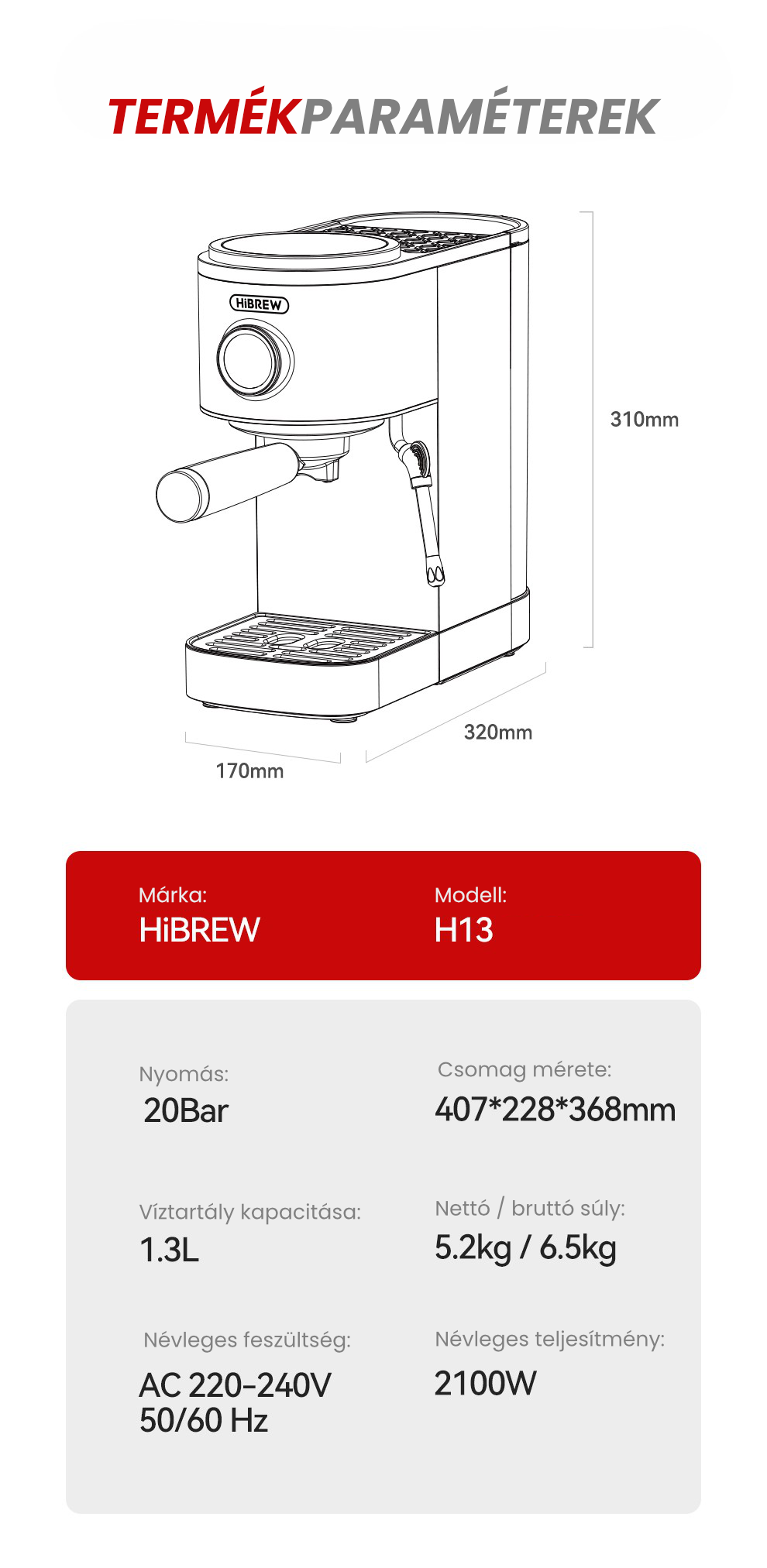 HiBREW H13  presszó kávéfőző paraméterek